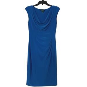 Lauren Ralph Lauren Sleeveless Blue Drape Neck Ruched  Fitted Midi Dress Size 8